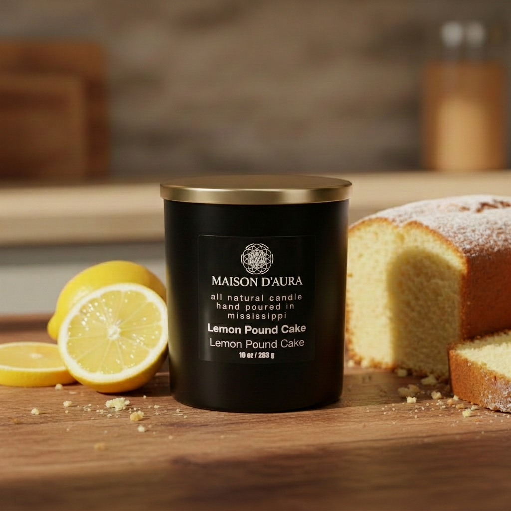 Lemon Pound Cake scenic photo with all-white label lettering