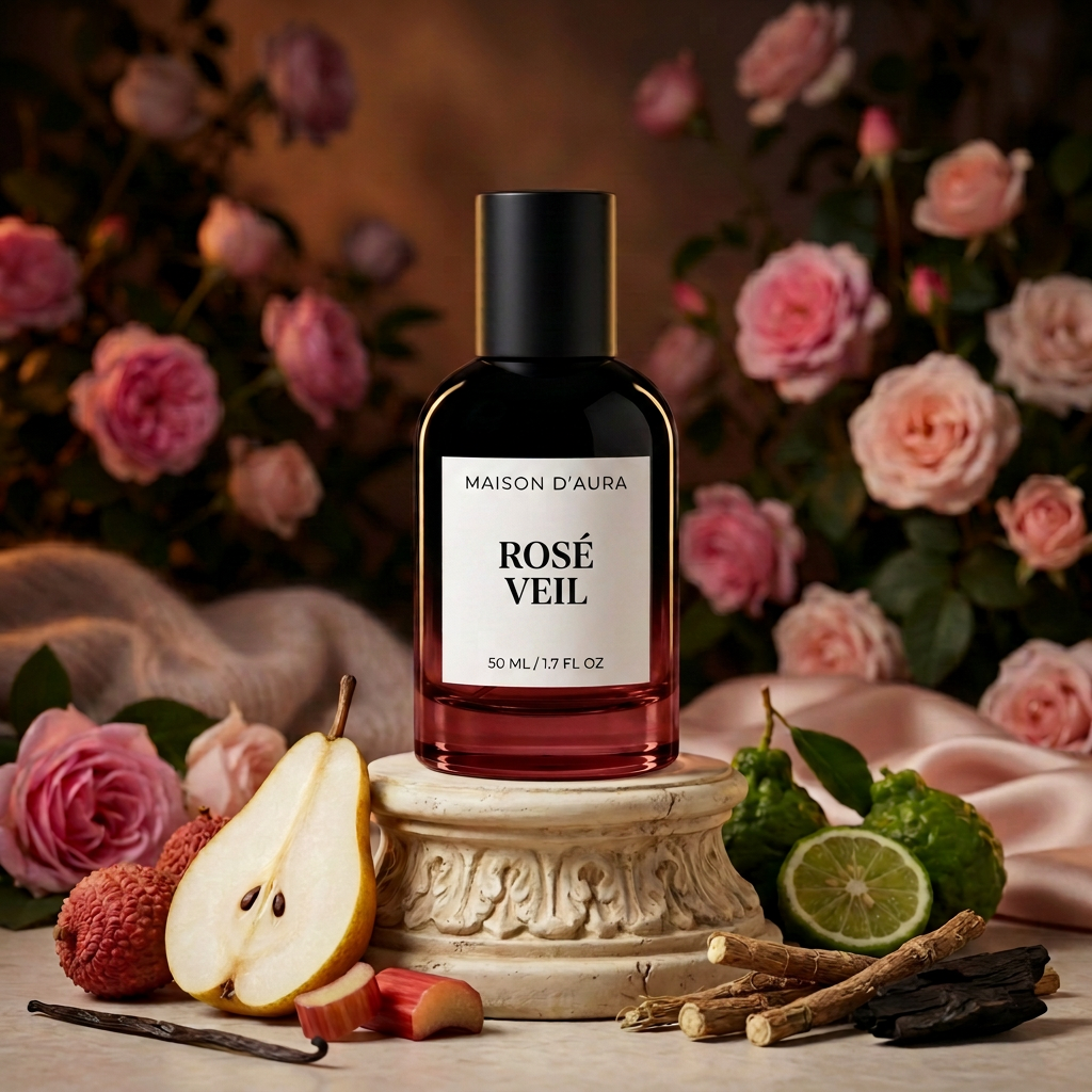 MAISON D'AURA Rosé Veil 50 ml red-base bottle in a rose garden