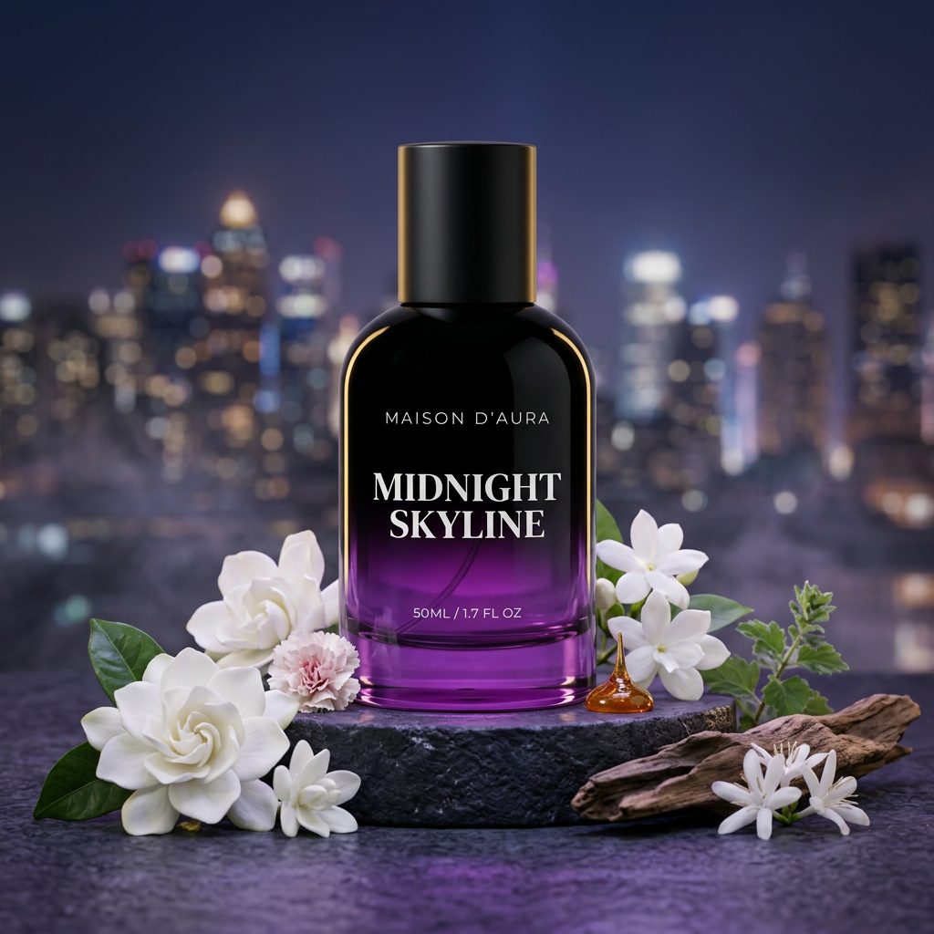Midnight Skyline with a nighttime skyline and floral accents