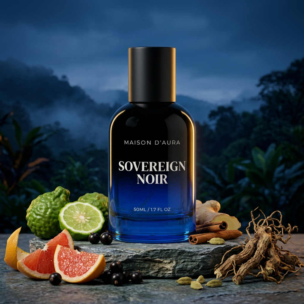 Sovereign Noir in a twilight botanical scene with scent-note accents